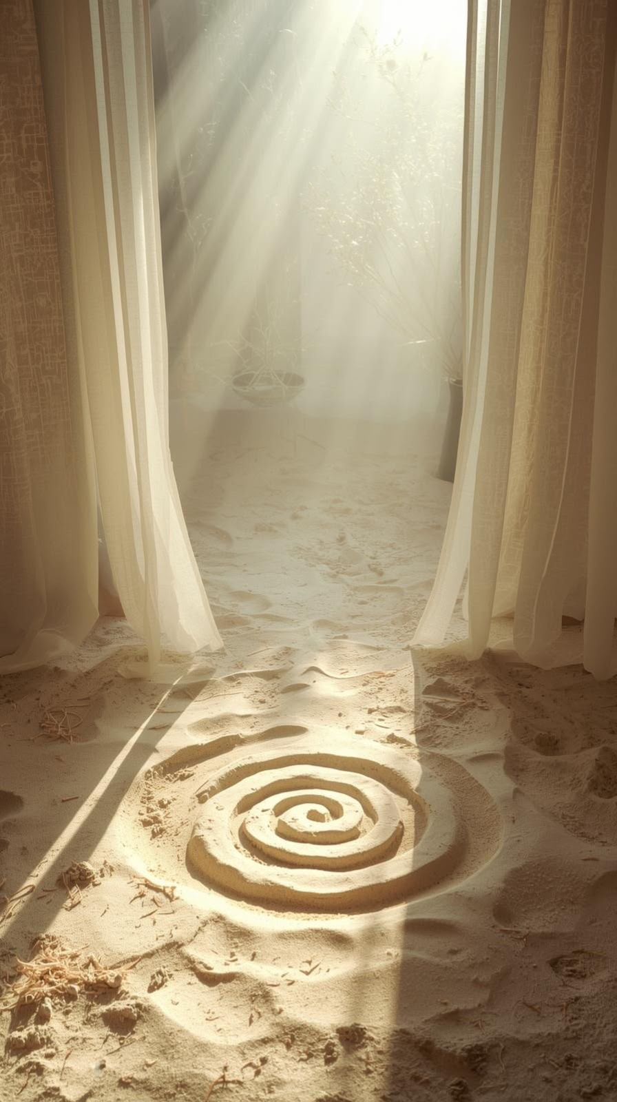 Sunlight through sheer curtains onto a spiral drawn in the sand