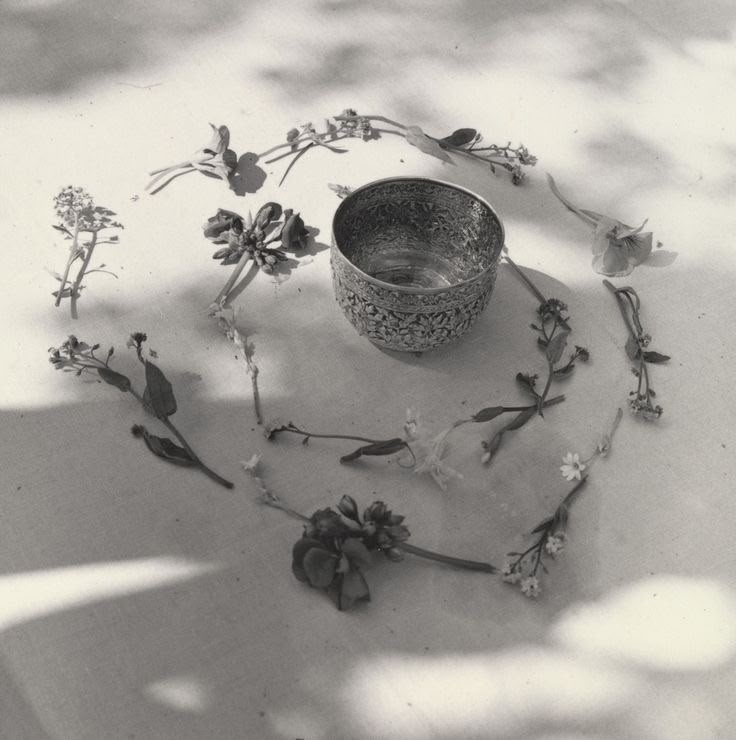 A silver bowl inside a spiral of wild flowers