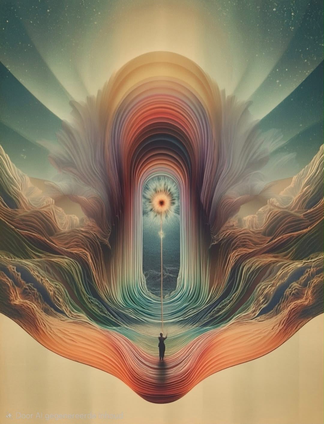 Illustration of a figure walking a path into a layered arch towards a radiant eye